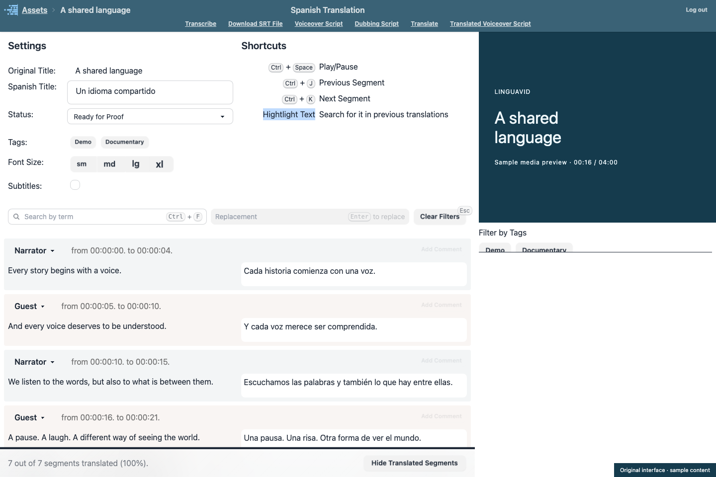 Editor de Linguavid con texto original y traducción en paralelo, tiempos por segmento y vista previa del medio.